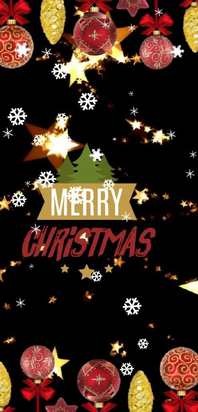 Festive Christmas phone wallpaper with ornaments and stars on a black background.