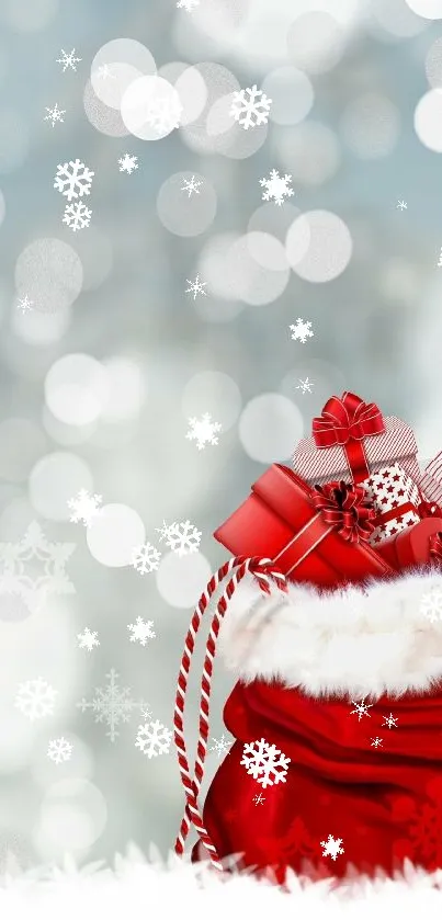 Festive Christmas wallpaper with Santa's gift bag against snowy bokeh background.