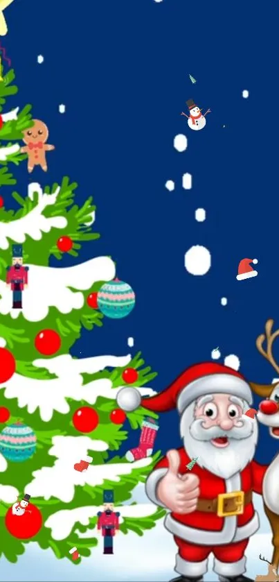 Santa and reindeer with Christmas tree wallpaper