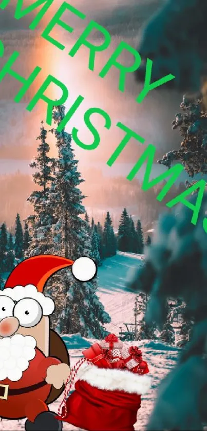 Christmas phone wallpaper with Santa and snowy landscape.