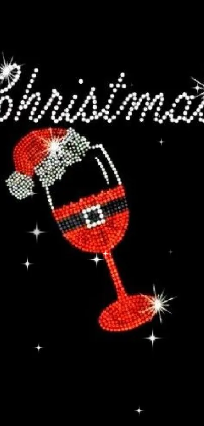 Festive Christmas phone wallpaper with sparkling wine glass and Santa hat.