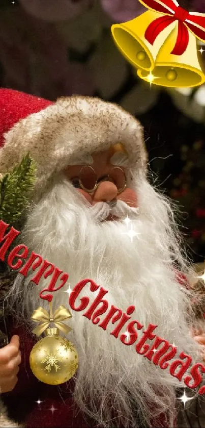Santa Claus with Christmas decor and Merry Christmas text.