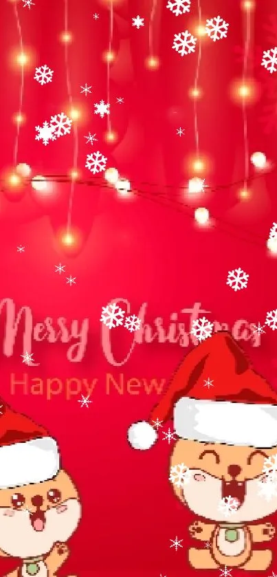 Christmas wallpaper with red background and cute characters.