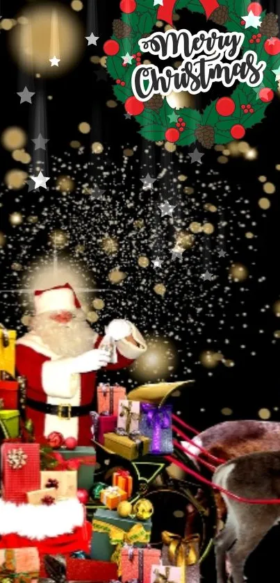 Festive Christmas wallpaper with Santa, gifts, and reindeer under a starry sky.