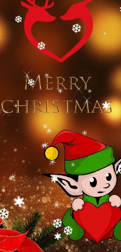 Festive Christmas wallpaper with candles, elf, and decorations.