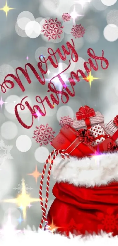 Festive Christmas wallpaper with red gifts and snowflakes.