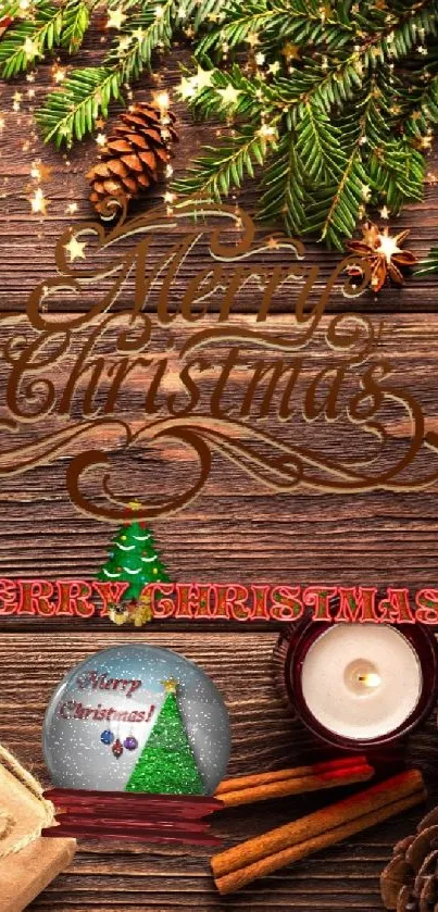 Festive Christmas decorations on wooden background with pinecones and gifts.