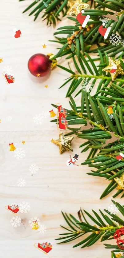 Christmas wallpaper with pine branches and festive decorations.