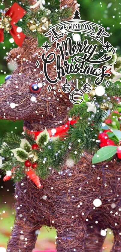 Christmas reindeer with festive accents and snow overlay on a green background.