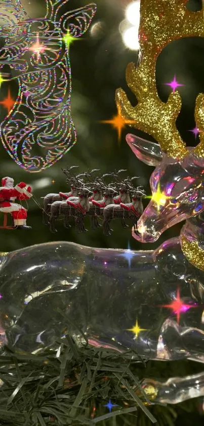 Crystal reindeer with gold accents on a decorated Christmas tree.