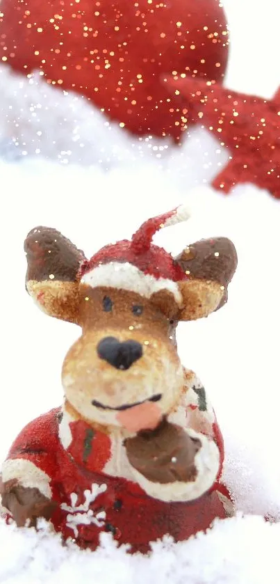 Festive reindeer toy in snow with red Christmas decorations.