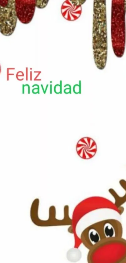 Festive reindeer with candy and Feliz Navidad.