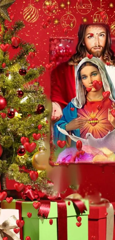 Vibrant Christmas wallpaper with tree and religious figure for mobile.