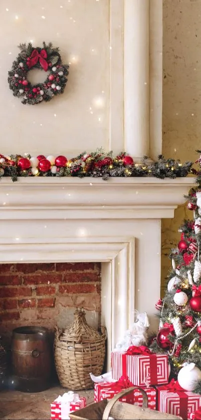 Christmas room with tree and fireplace decorated festively.