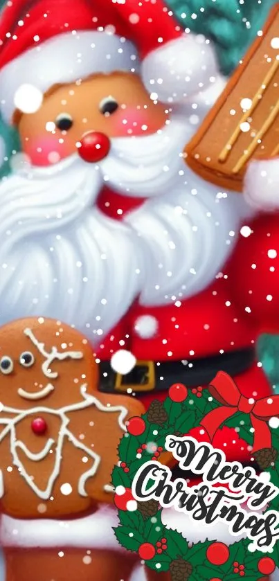 Festive Santa and gingerbread man Christmas wallpaper.
