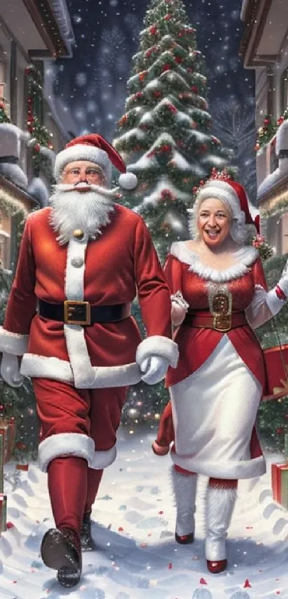 Santa and Mrs. Claus in festive holiday setting with gifts and tree.