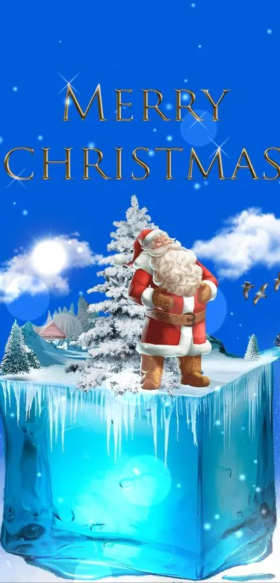 Christmas wallpaper with Santa and snowy blue ice.