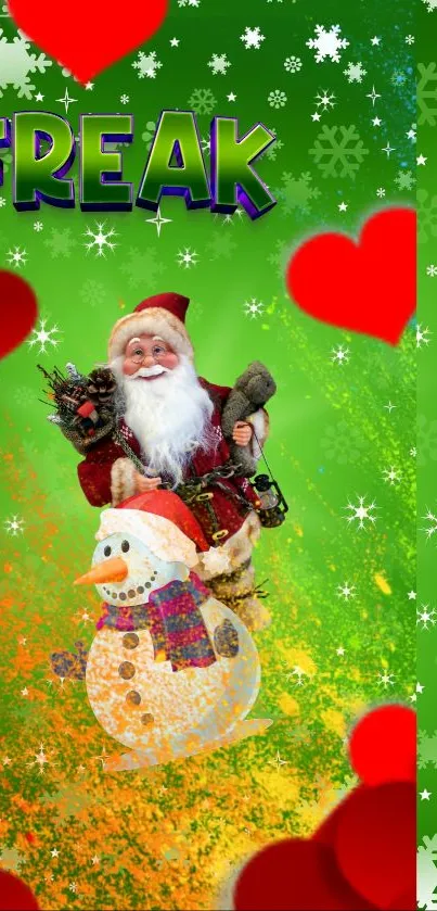 Christmas wallpaper with Santa and snowman on a green background.