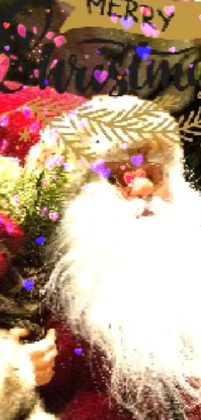 Santa Claus with Christmas decorations and festive greenery.
