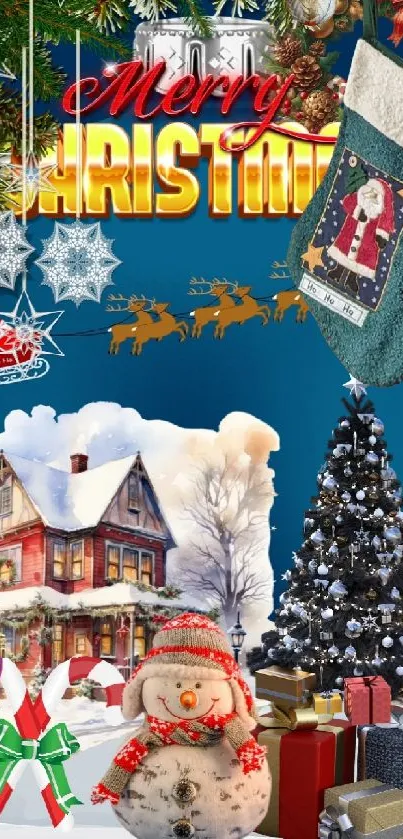 Festive Christmas scene with snowman and gifts under trees.