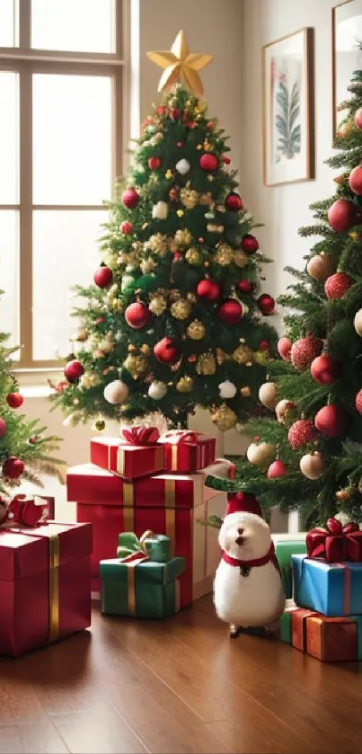 Decorated Christmas trees and gift boxes in a cozy holiday setting.