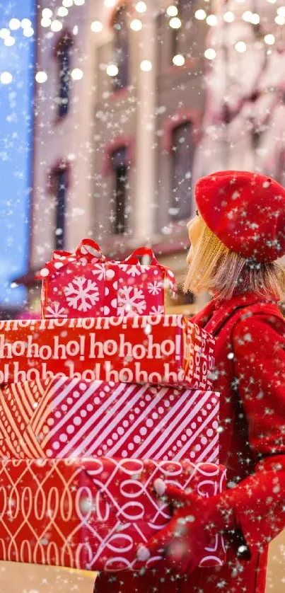 Woman carrying Christmas gifts in the snow.