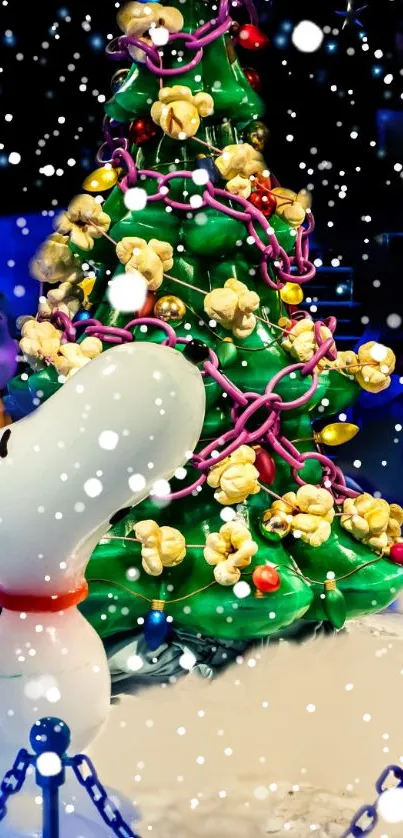 Snoopy standing by a decorated Christmas tree with snowflakes.