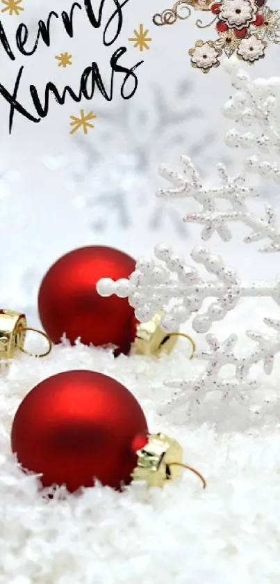 Festive Christmas wallpaper with snowflakes and red ornaments.