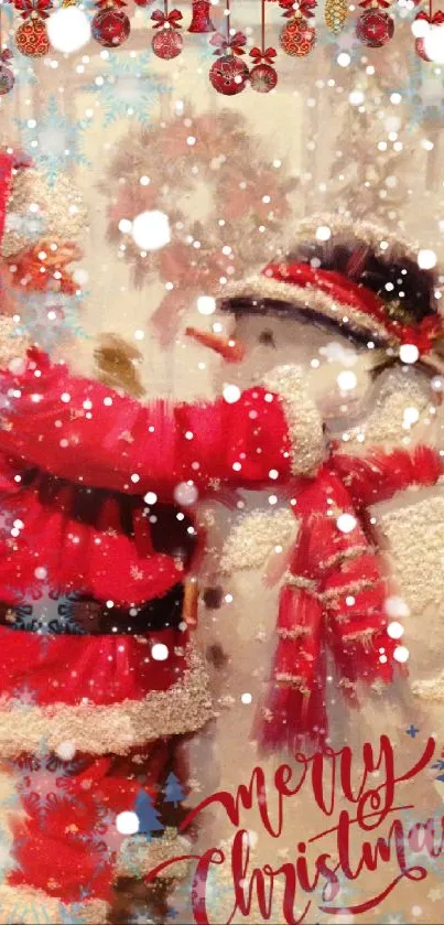Santa and snowman in Christmas scene with snow.