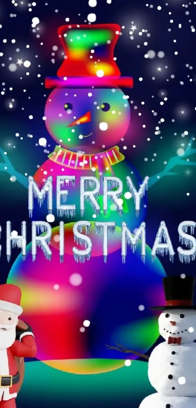 Festive Christmas phone wallpaper with colorful snowman and Santa under starry sky.