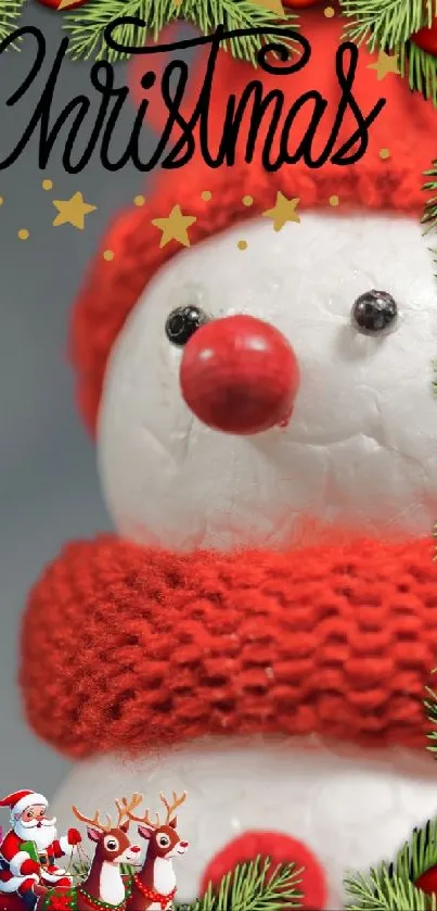 Festive snowman with red scarf and hat, surrounded by Christmas decorations.