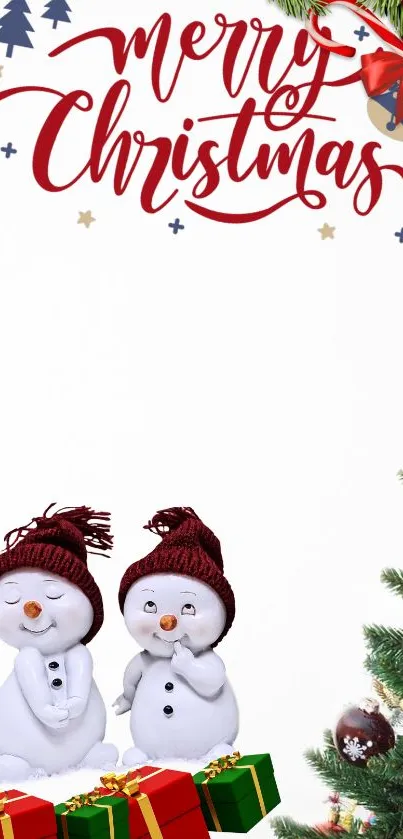 Christmas wallpaper with snowmen, gifts, and decorated tree.
