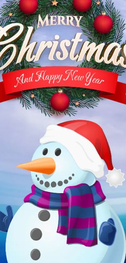 Snowman with Santa hat and Christmas wreath on winter background.