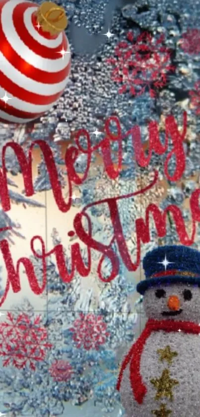 Christmas wallpaper with snowman and Merry Christmas text.