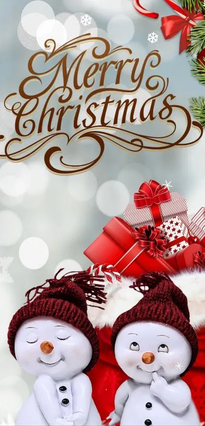 Festive artwork featuring snowmen and holiday gifts with Merry Christmas text.