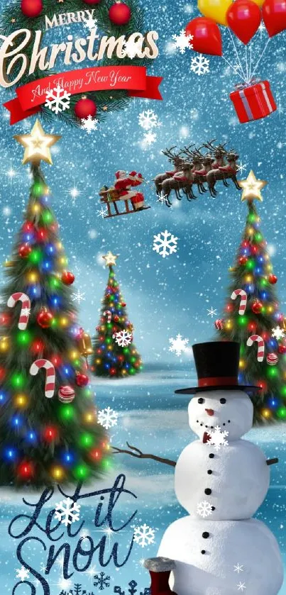 Festive Christmas wallpaper with snowman and decorated trees.