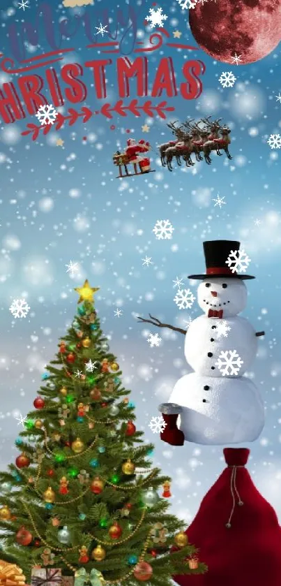 Christmas wallpaper with snowman, tree, and Santa in snowy sky.