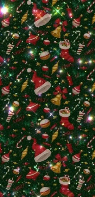 Festive Christmas wallpaper with ornaments and green background.