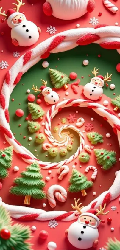 Spiral Christmas wallpaper with snowmen and candy canes.