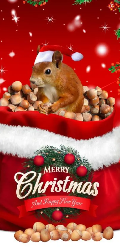 Squirrel in Santa hat in red Christmas sack with festive decor.