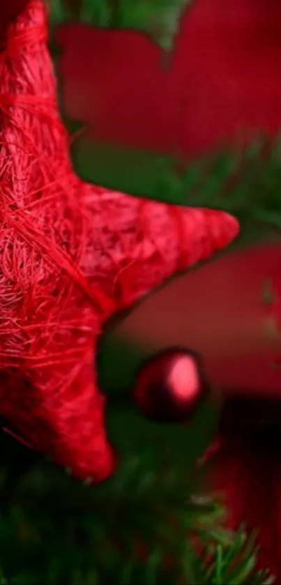 Vibrant red star ornament on Christmas tree.