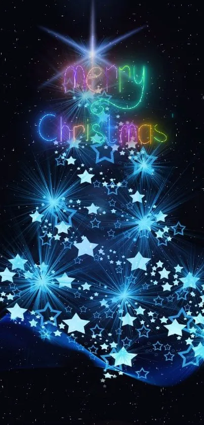 Vibrant starry Christmas tree with neon Merry Christmas text.