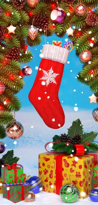 Vibrant Christmas wallpaper with red stocking and gifts.