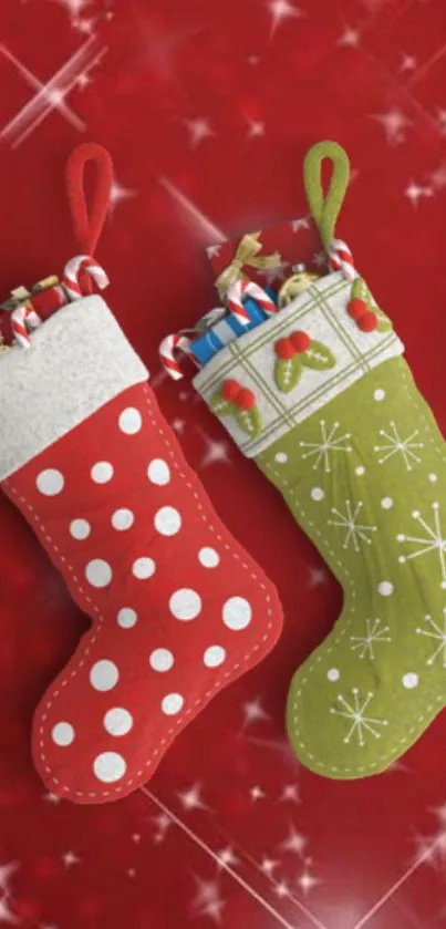 Festive Christmas stockings filled with gifts on a red holiday background.