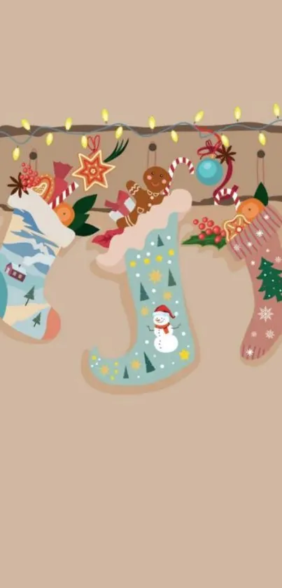 Illustrated Christmas stockings with decorations and lights on beige background.