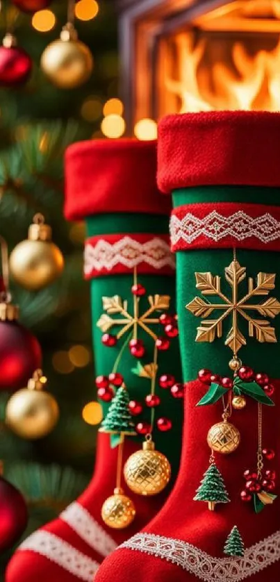Festive Christmas stockings with decorations by a fireplace.