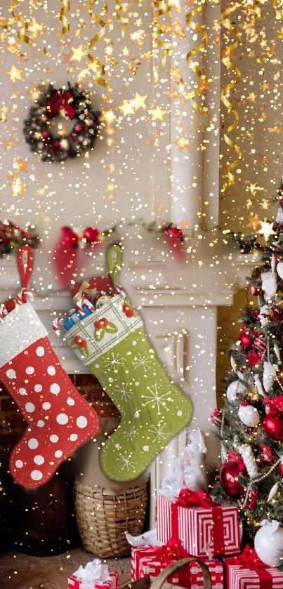 Colorful Christmas stockings hanging by the fireplace.