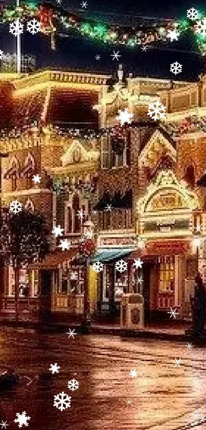 Christmas street scene with festive lights and decorations.