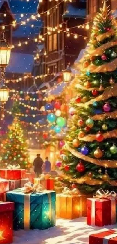 A festive street scene with a decorated Christmas tree and colorful presents.