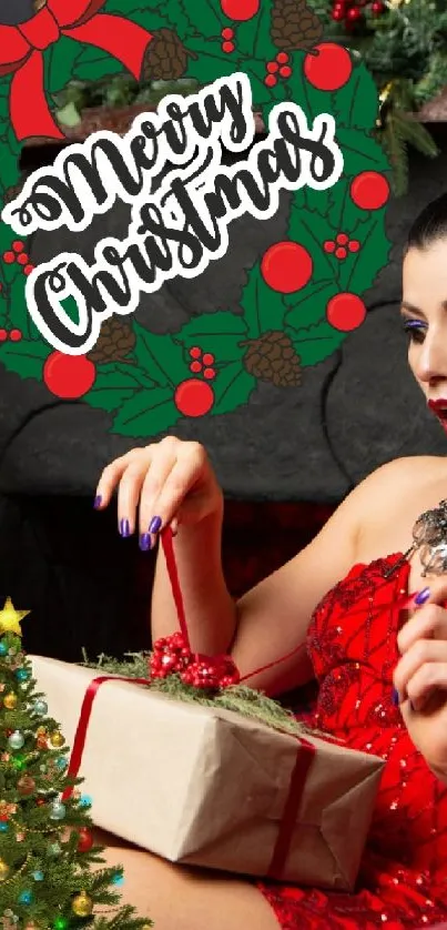 Surprised woman opening Christmas gift under a decorative wreath.